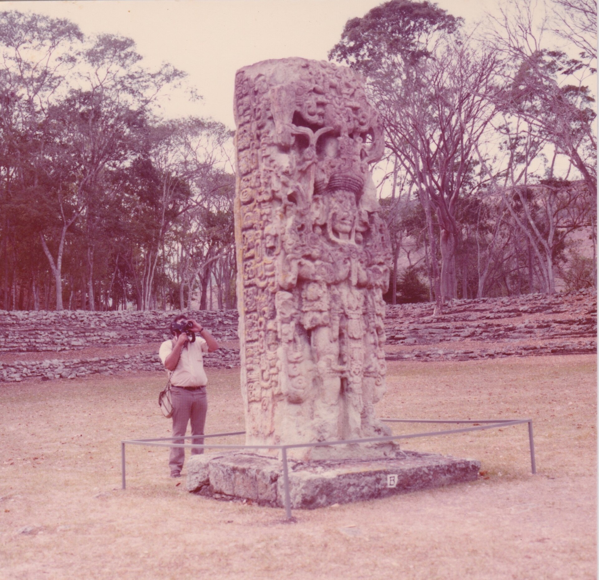 A carved stela at Copán, famed for the deeply modelled, almost three-dimensional portraits of its kings
