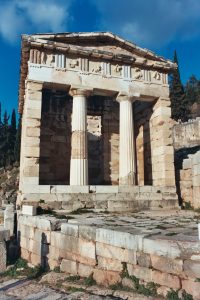 The reconstructed Treasury of the Athenians on the Sacred Way at Delphi.