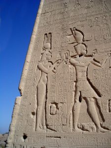 A relief on the outer wall of Dendera showing Cleopatra and her son Caesarion.