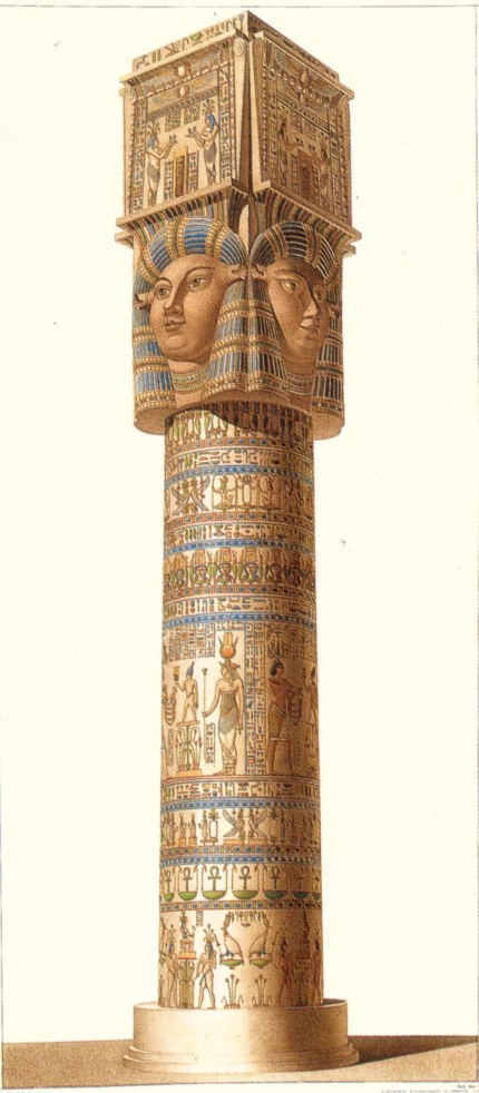 A Hathor-headed column capital in the Temple of Dendera.