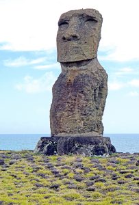 Moai standing on their ahu, the stone platforms that lined the coast of Easter Island.