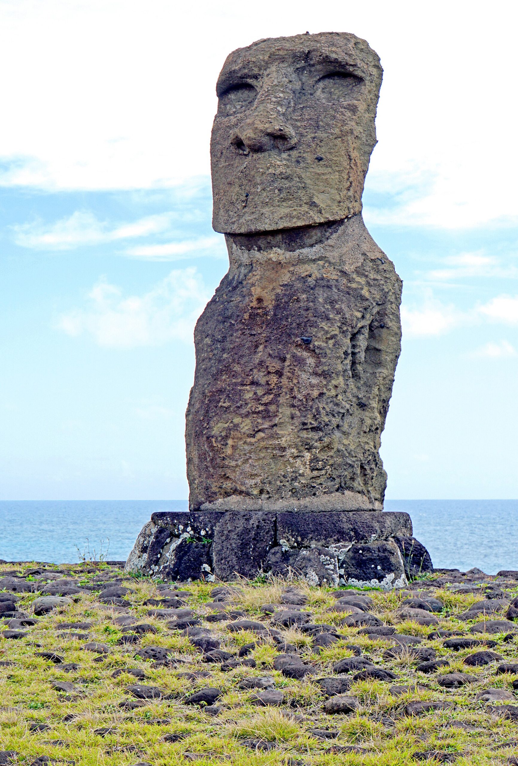 Moai standing on their ahu, the stone platforms that lined the coast of Easter Island.