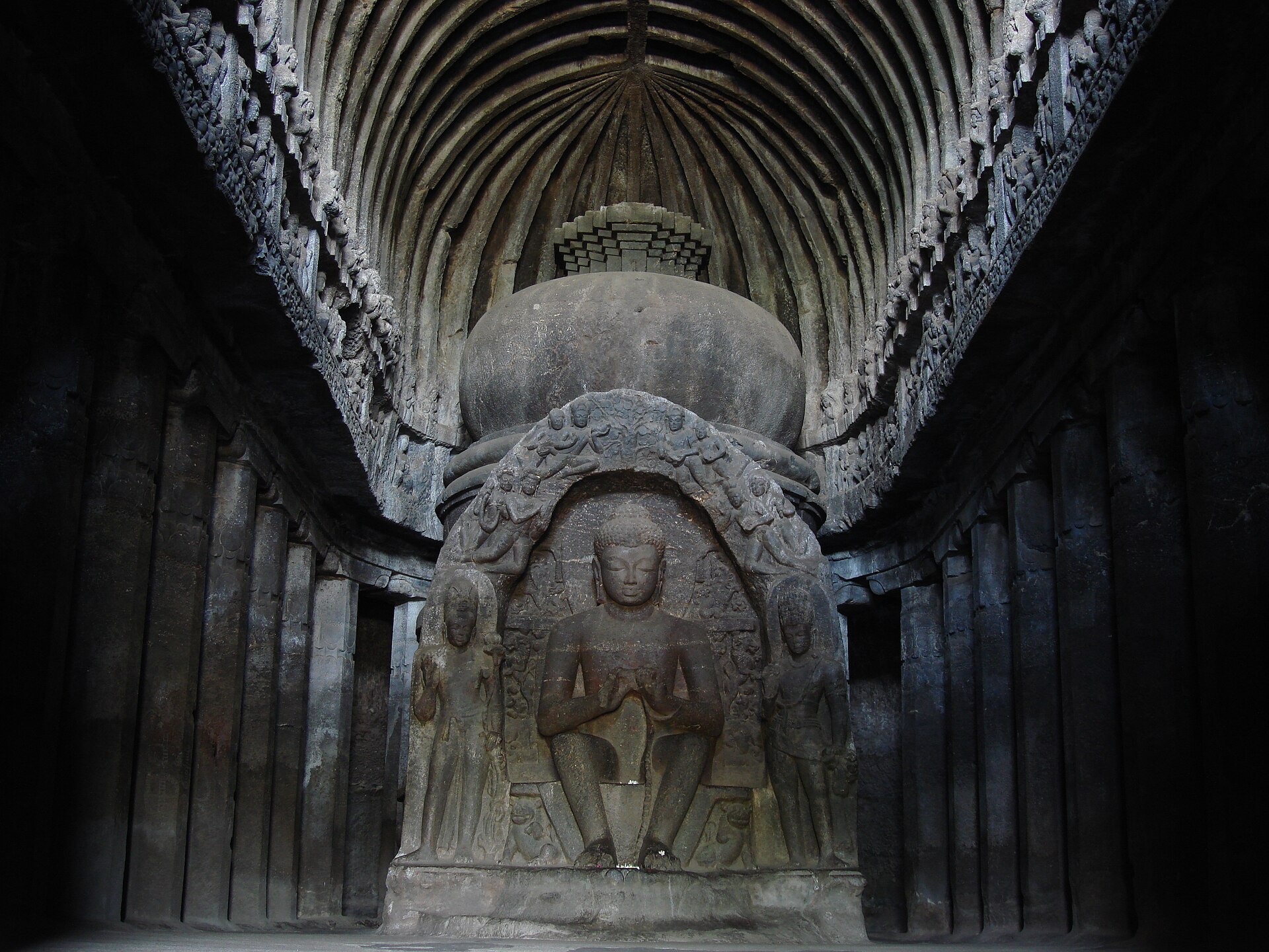 A serene Buddha image in one of the Buddhist caves of Ellora.