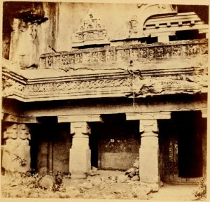The rock-cut facade of a temple at Ellora.
