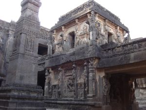 The carved courtyard of the Kailasa Temple, hewn from a single mass of rock at Ellora.