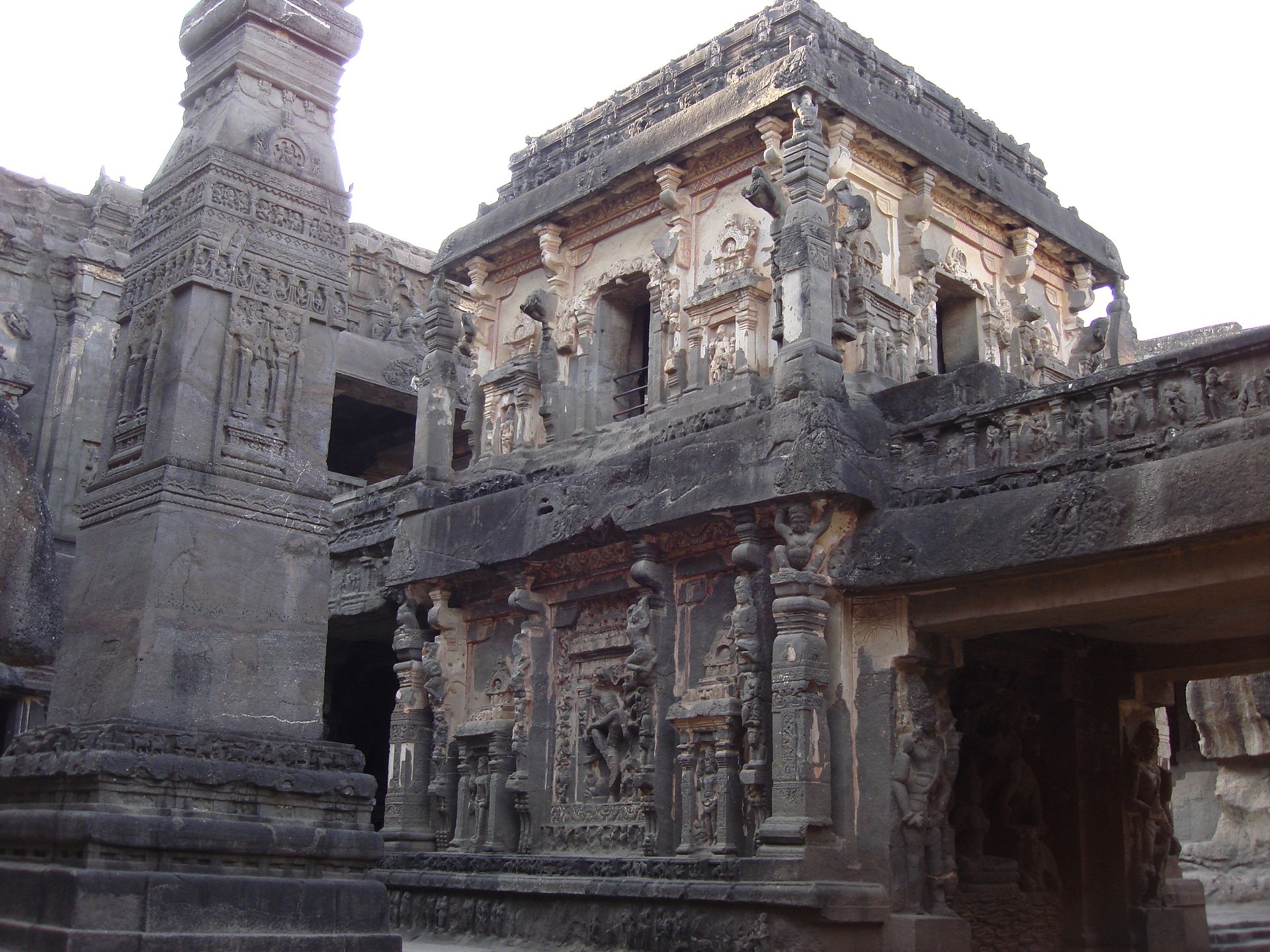 The carved courtyard of the Kailasa Temple, hewn from a single mass of rock at Ellora.