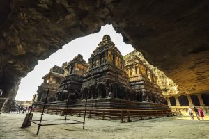 The long cliff of the Ellora caves in Maharashtra, India.
