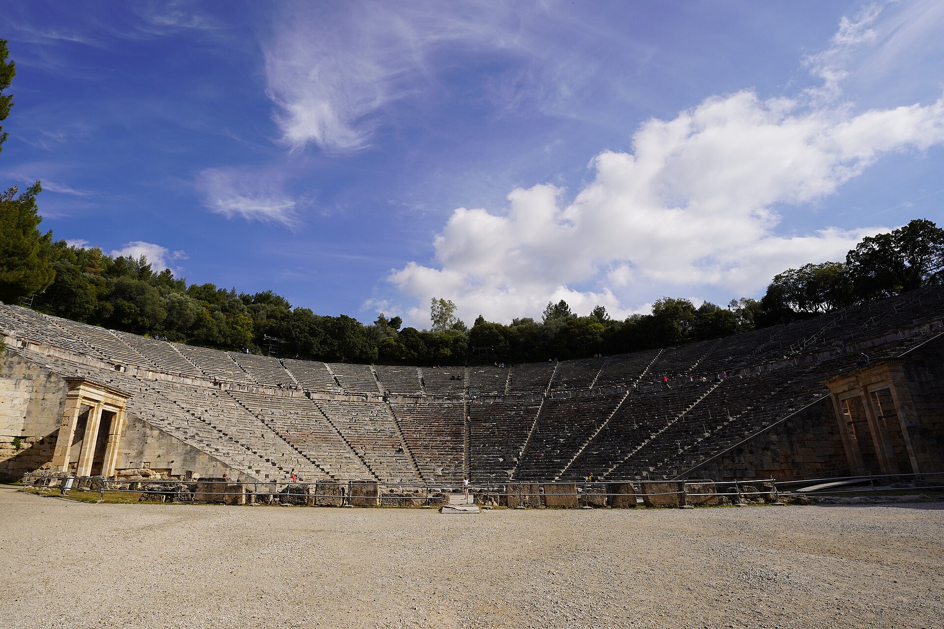 The great theatre of Epidaurus seen from the orchestra below.