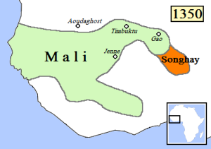 West Africa around 1350, showing the empires that controlled the trans-Saharan trade before Songhai's rise
