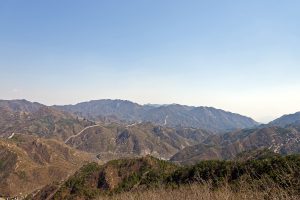 The Great Wall of China snaking along a mountain ridge.