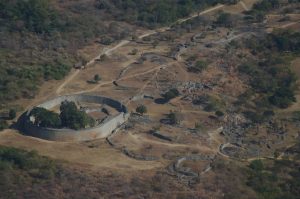 An aerial view of the great stone ruins of Great Zimbabwe.