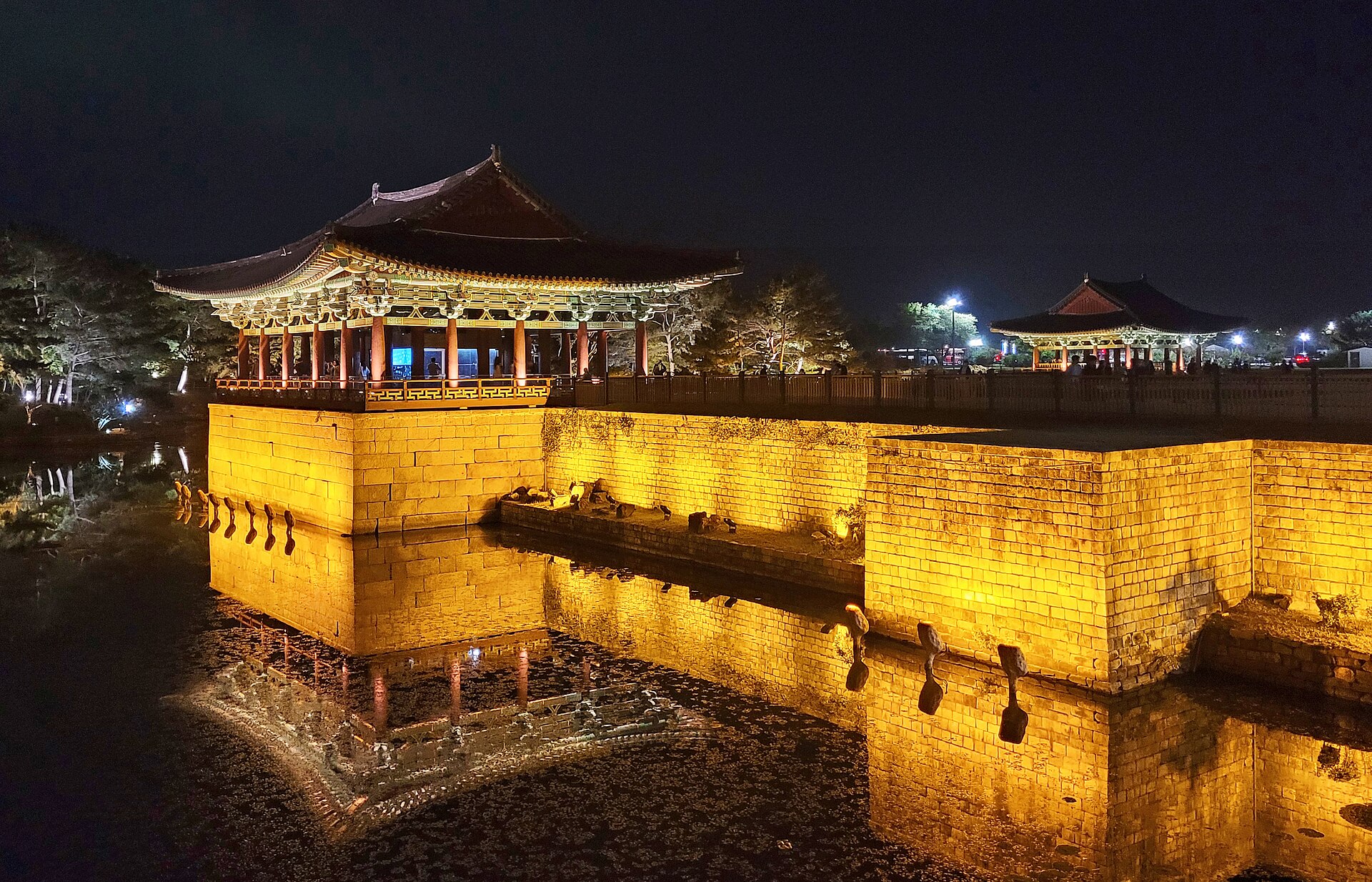 The reconstructed pavilions of Donggung Palace beside Wolji pond, once a pleasure garden of the Silla court