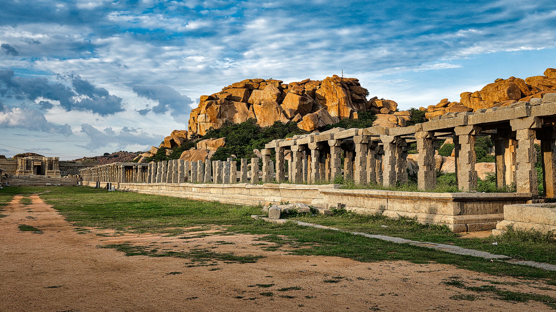 A ruined colonnaded bazaar street of Hampi.