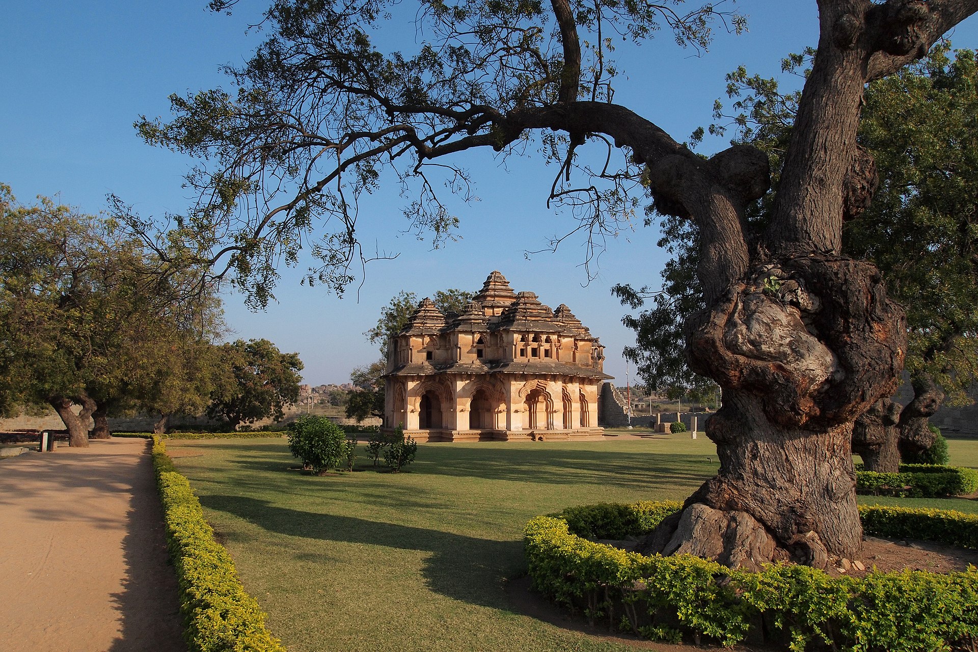 The elegant Lotus Mahal in the royal enclosure of Hampi.