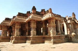 The intricately carved pillared hall of the Vittala Temple at Hampi.