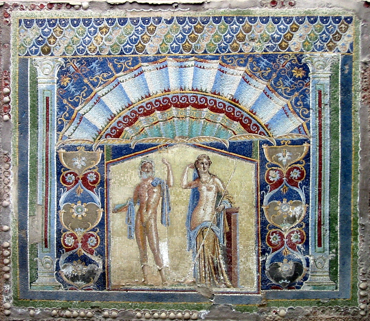 The mosaic of Neptune and Amphitrite in a house at Herculaneum.