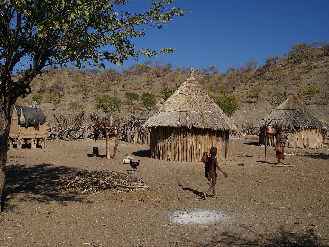 A Himba village of huts around the sacred fire.