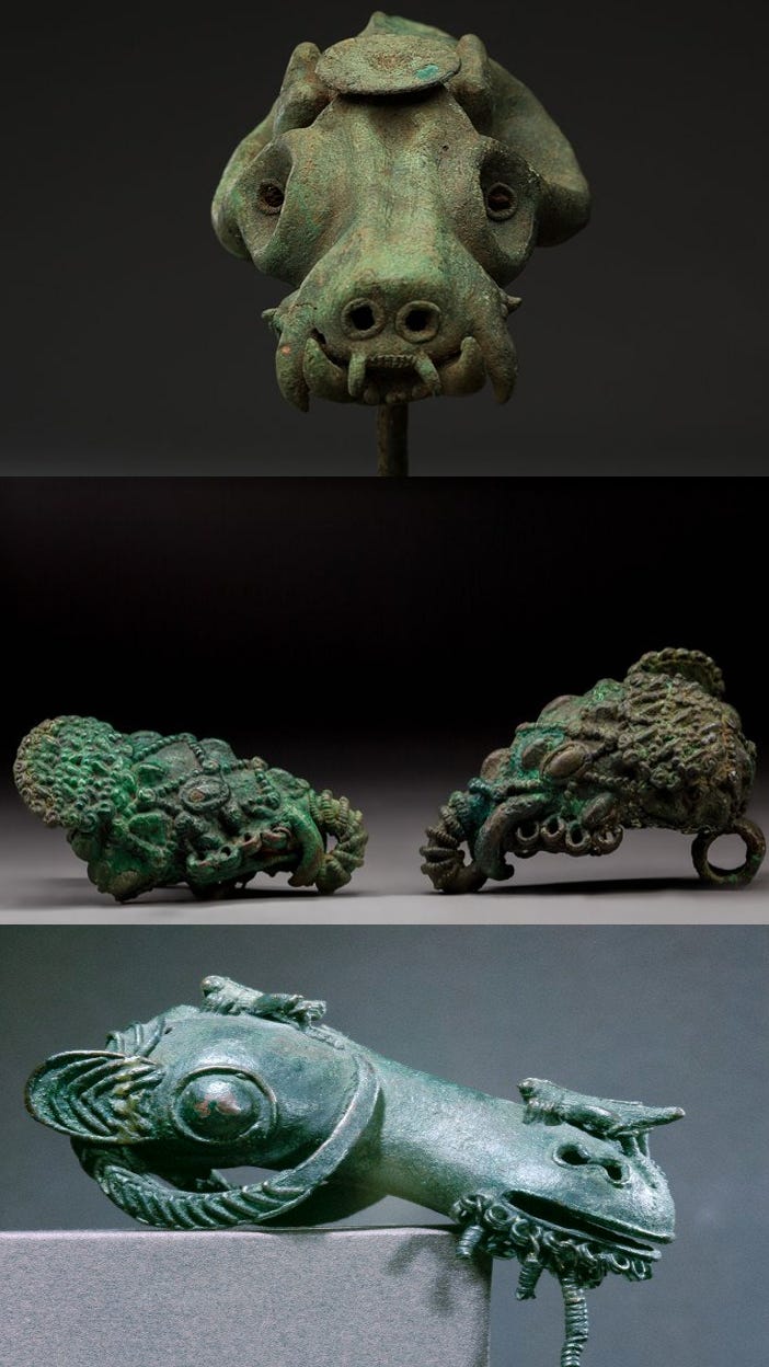 Bronze pendants from Igbo-Ukwu in the form of a leopard's and rams' heads