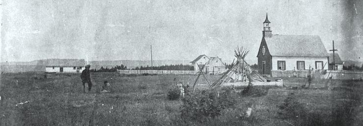 The church at Sept-Îles around 1880, from the era of missions and settlement.