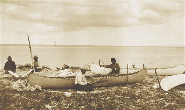 Innu making canoes near Sheshatshiu in Labrador.