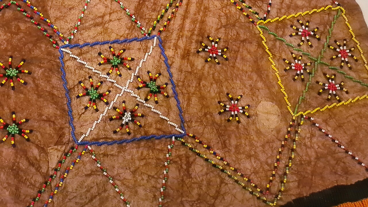 A detail of Iraqw beaded leatherwork, a craft of the Cushitic highlanders.