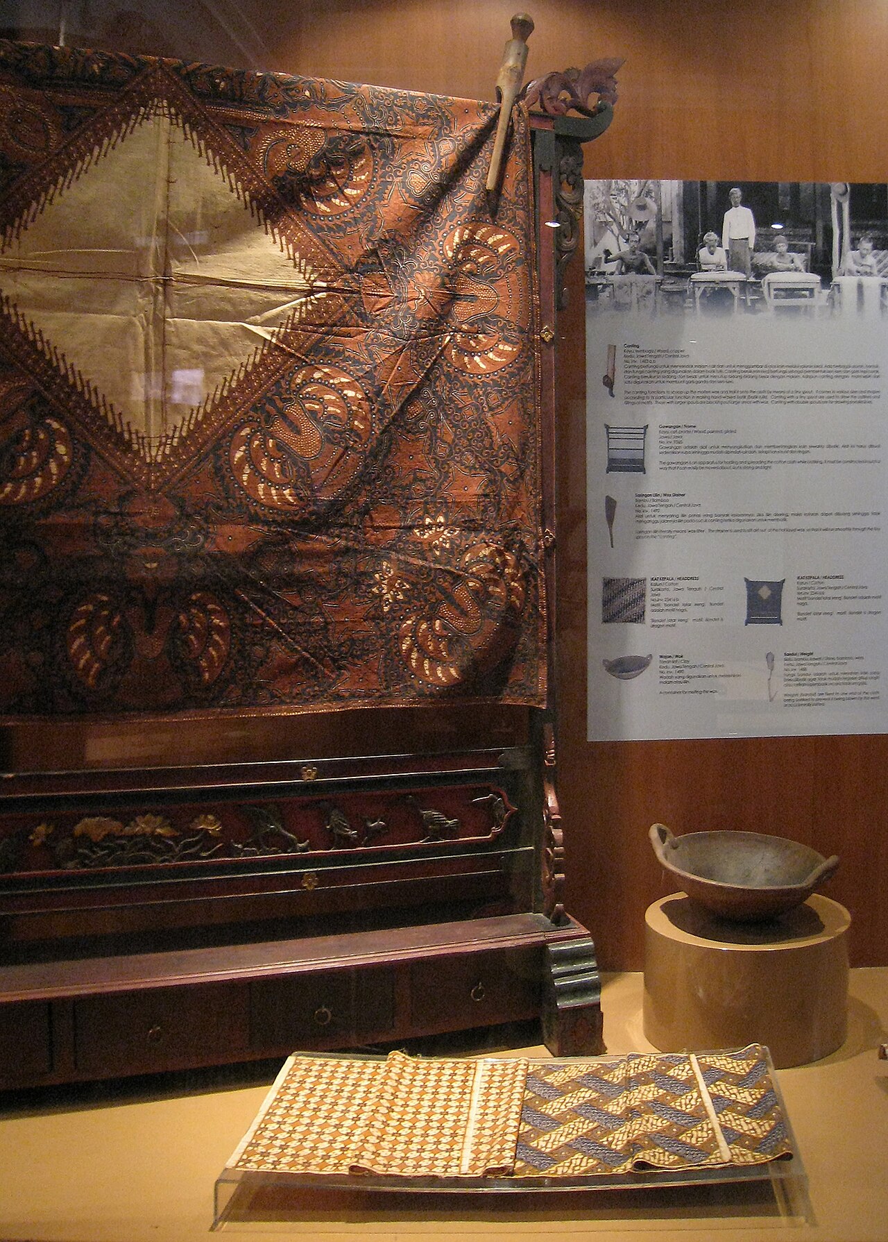 A display of Javanese batik, the wax-resist dyed cloth
