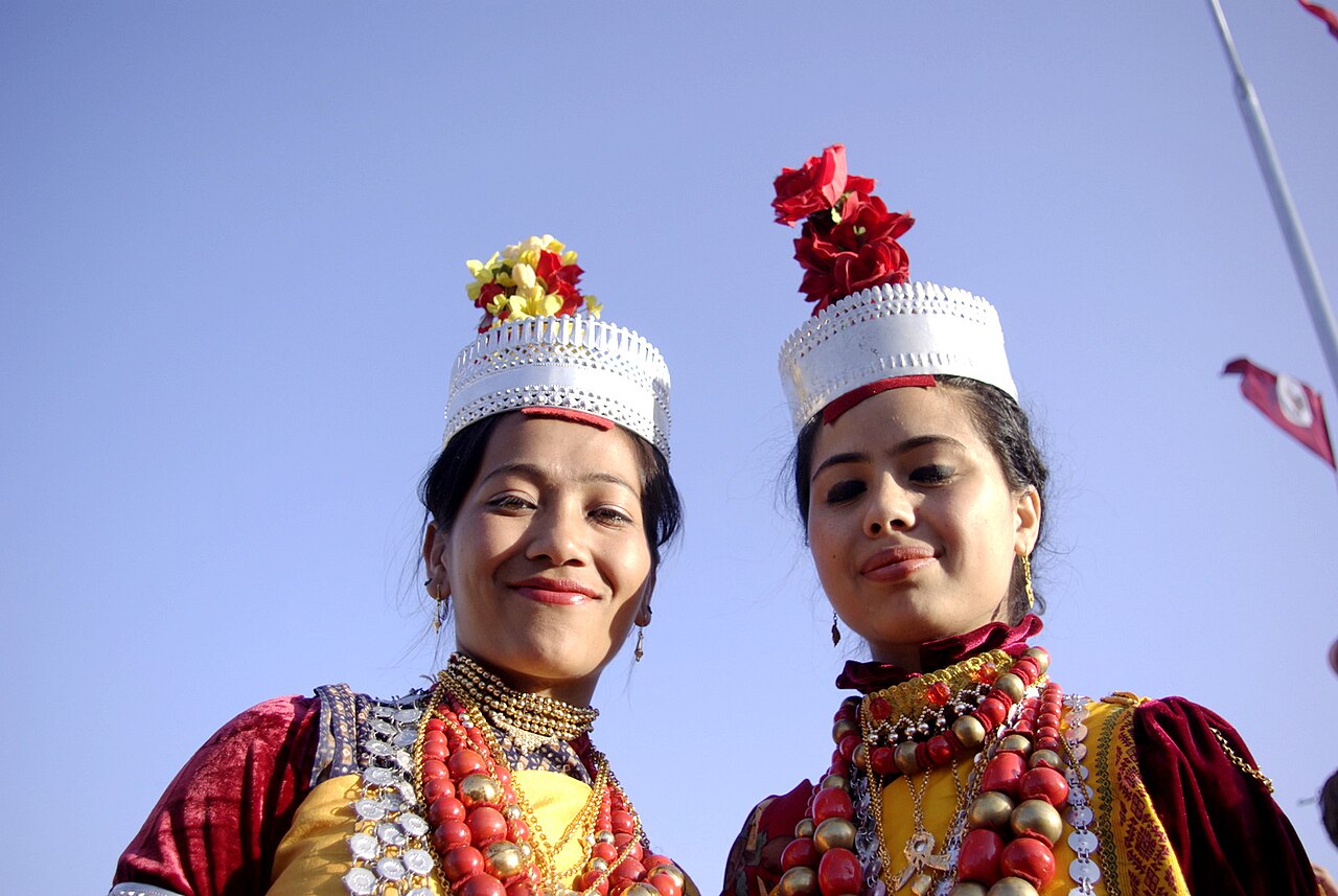 Khasi girls in traditional dress; Khasi society is matrilineal