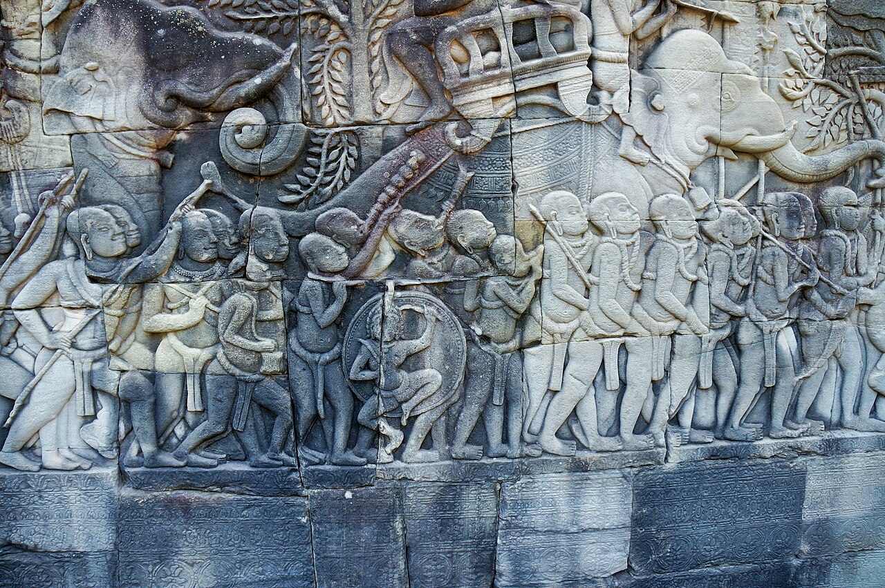 A carved relief of battle on the walls of the Bayon