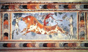 The famous bull-leaping fresco from the Minoan palace of Knossos.