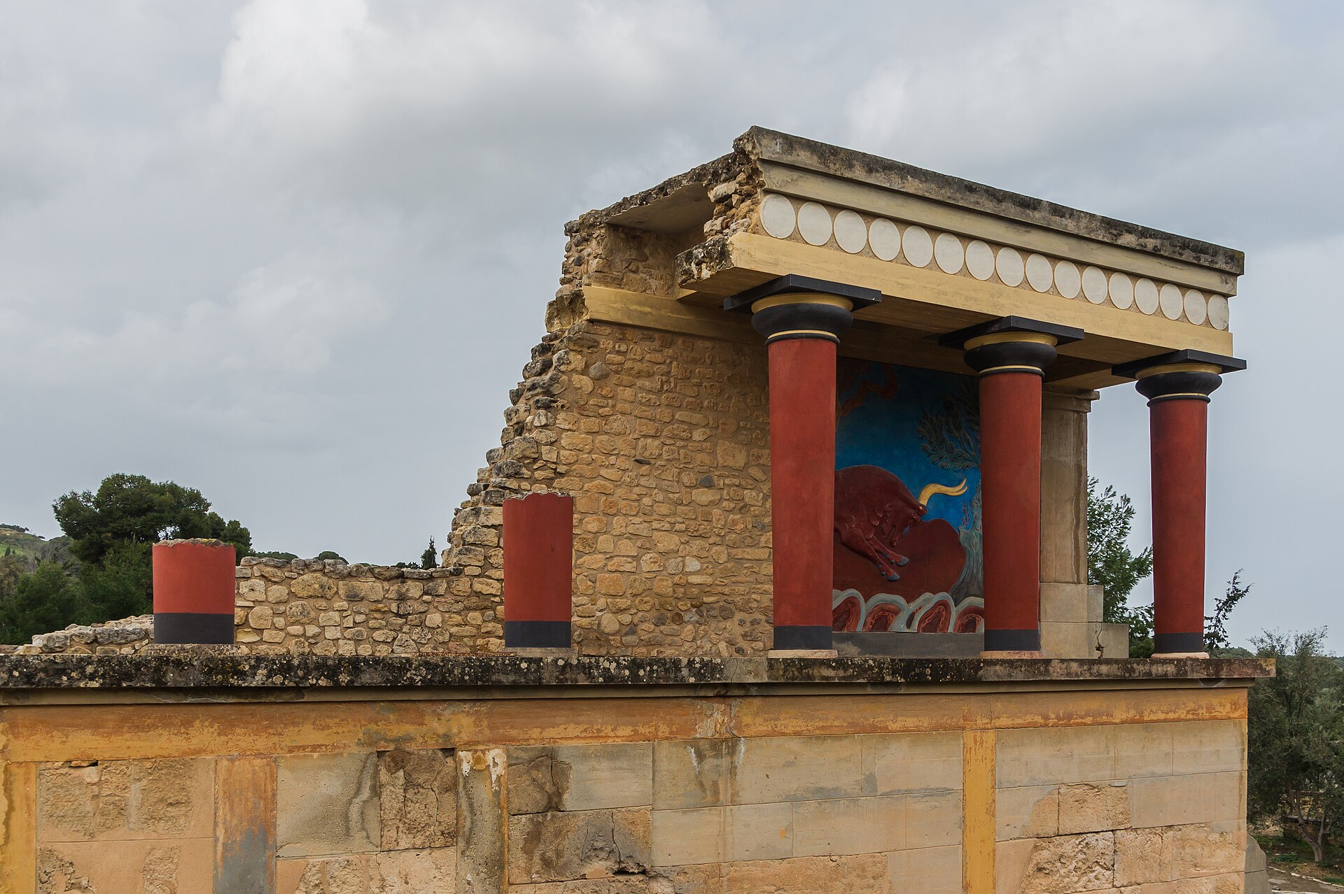 The reconstructed north entrance of the Palace of Knossos, with its charging bull fresco.