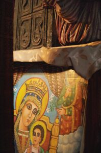 The carved interior of a rock church at Lalibela, hewn from a single mass of stone.