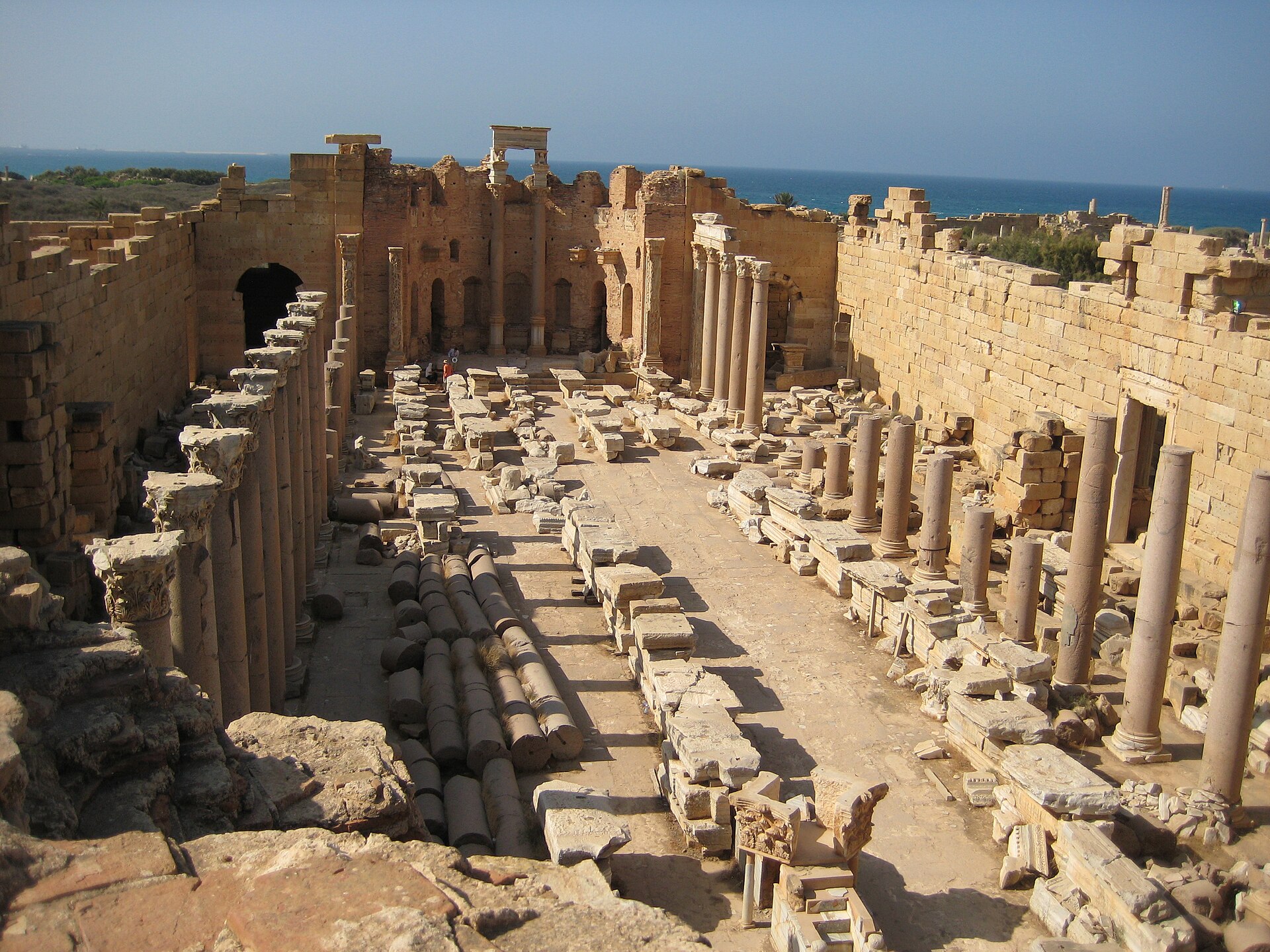 The great Severan Basilica of Leptis Magna, its columns still standing after eighteen centuries.