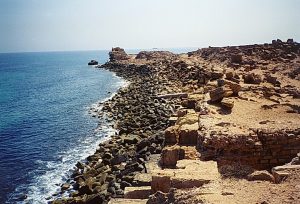 The remains of the harbour of Leptis Magna, once a busy Mediterranean port.