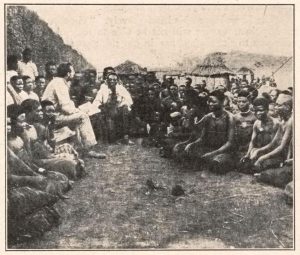 A historic photograph of a missionary with the Mwata Yamvo, the Lunda emperor.
