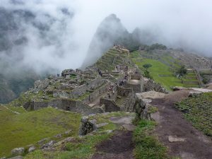 The classic view of Machu Picchu, with the peak of Huayna Picchu rising behind the ruins