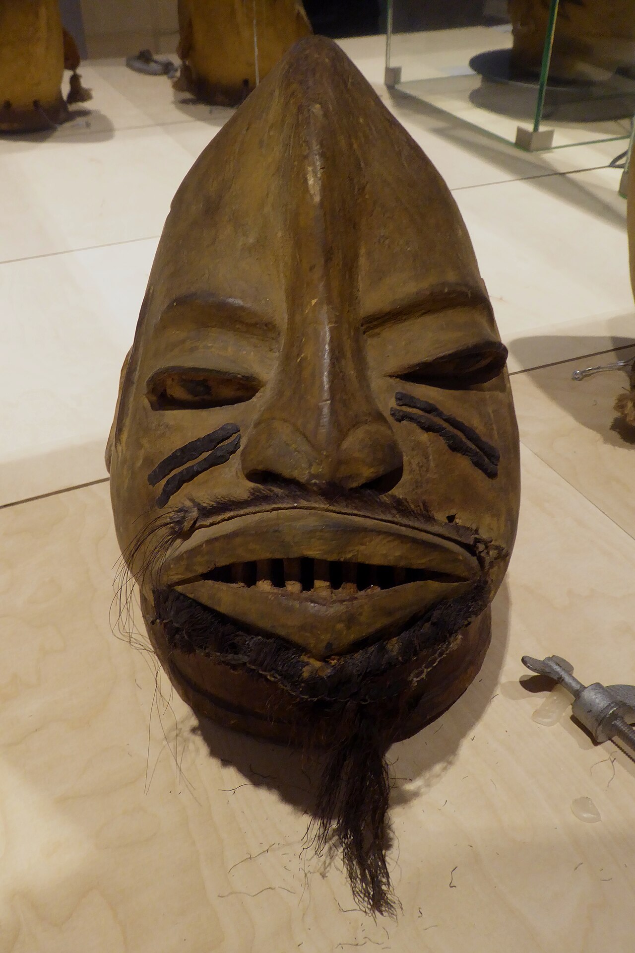 A mapiko mask; Makonde society is matrilineal, and masked dance marks its rites.