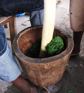 Cassava leaves pounded in a mortar, a staple relish of Sierra Leone.