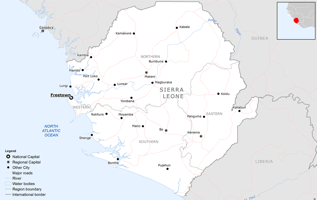 A map of Sierra Leone, whose south and east are the Mende homeland.