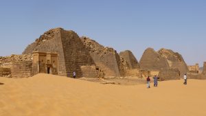 The pyramids of Meroe amid the dunes of the Sudanese desert.