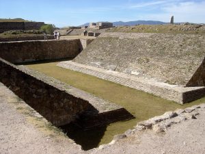 The ball court of Monte Albán, its sloping walls set below the main plaza