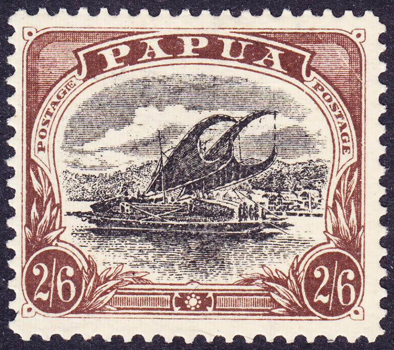 A lakatoi, the great sailing canoe of the Motu Hiri trade, on an old stamp.