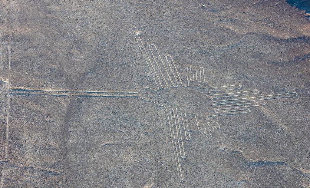 The hummingbird, one of the most famous of the Nazca figures, traced across the desert floor