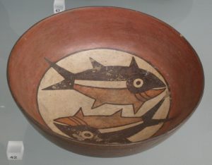 Painted Nazca pottery, whose imagery echoes the figures drawn on the desert