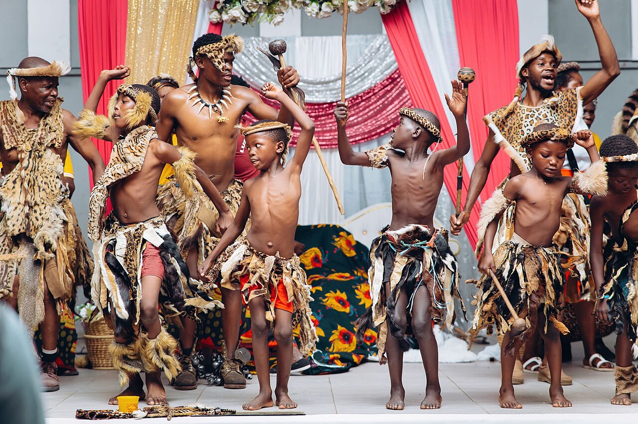 Ngoni performers in the ingoma war dance that recalls their military past.