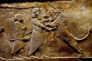 A relief from Nineveh showing the royal lion hunt of King Ashurbanipal.