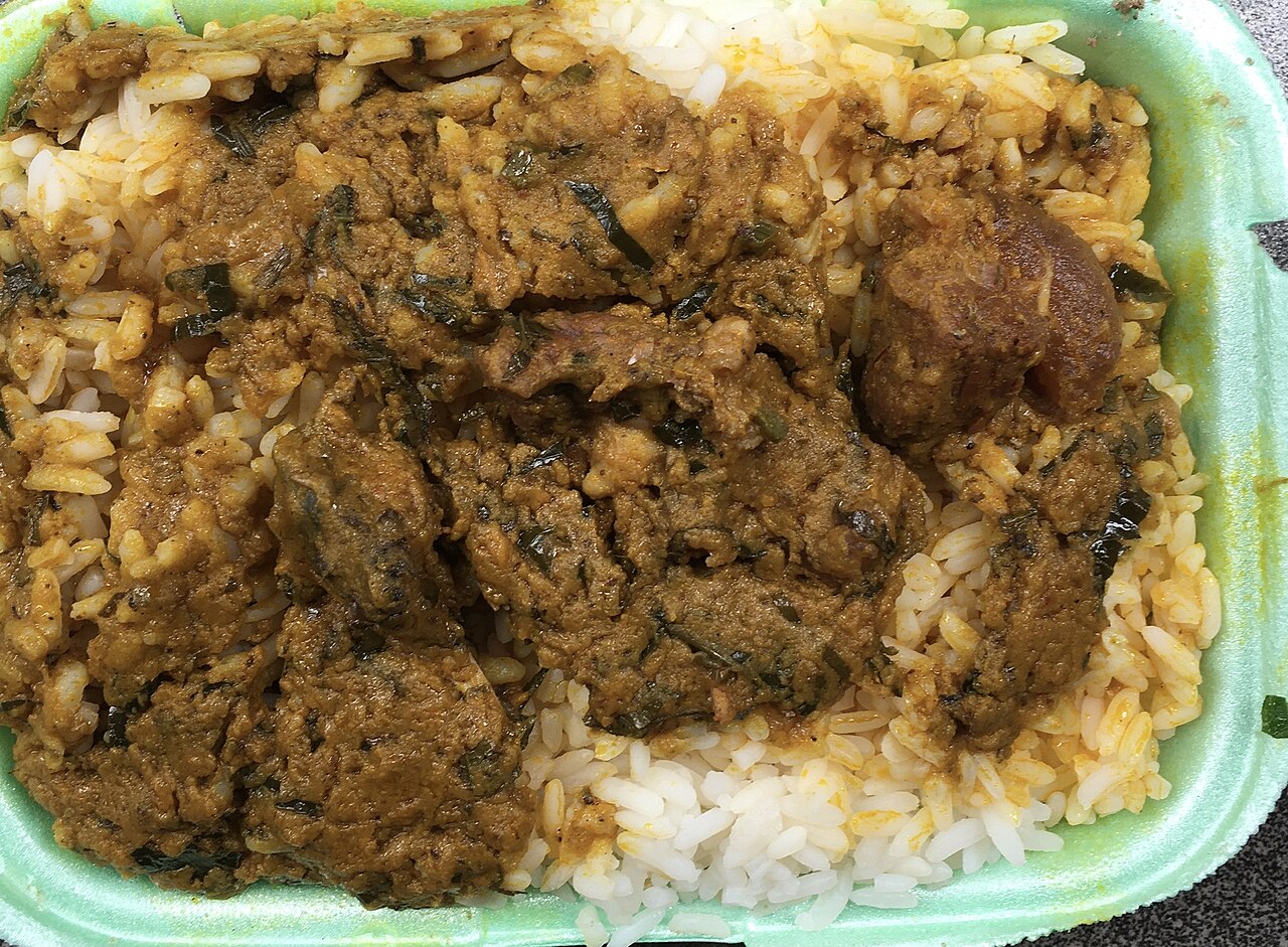 White rice with stew, a typical dish of the Nupe country.