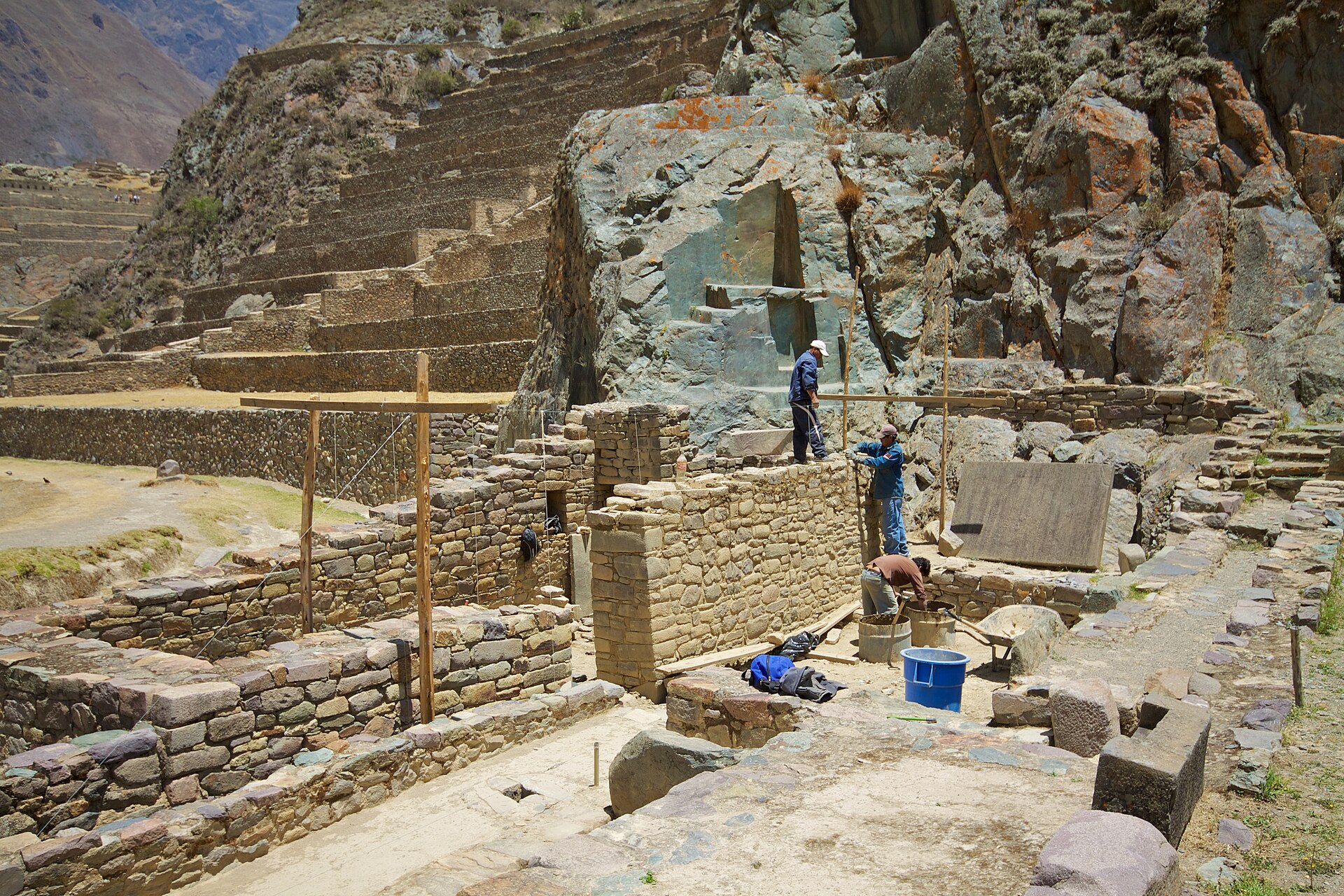 The great stone terraces of Ollantaytambo climbing the mountainside in Peru's Sacred Valley.