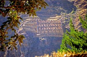 Inca storehouses, or qollqas, built high on the mountain slopes above Ollantaytambo.