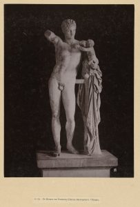 The marble Hermes of Praxiteles, a masterpiece of Greek sculpture found at Olympia.