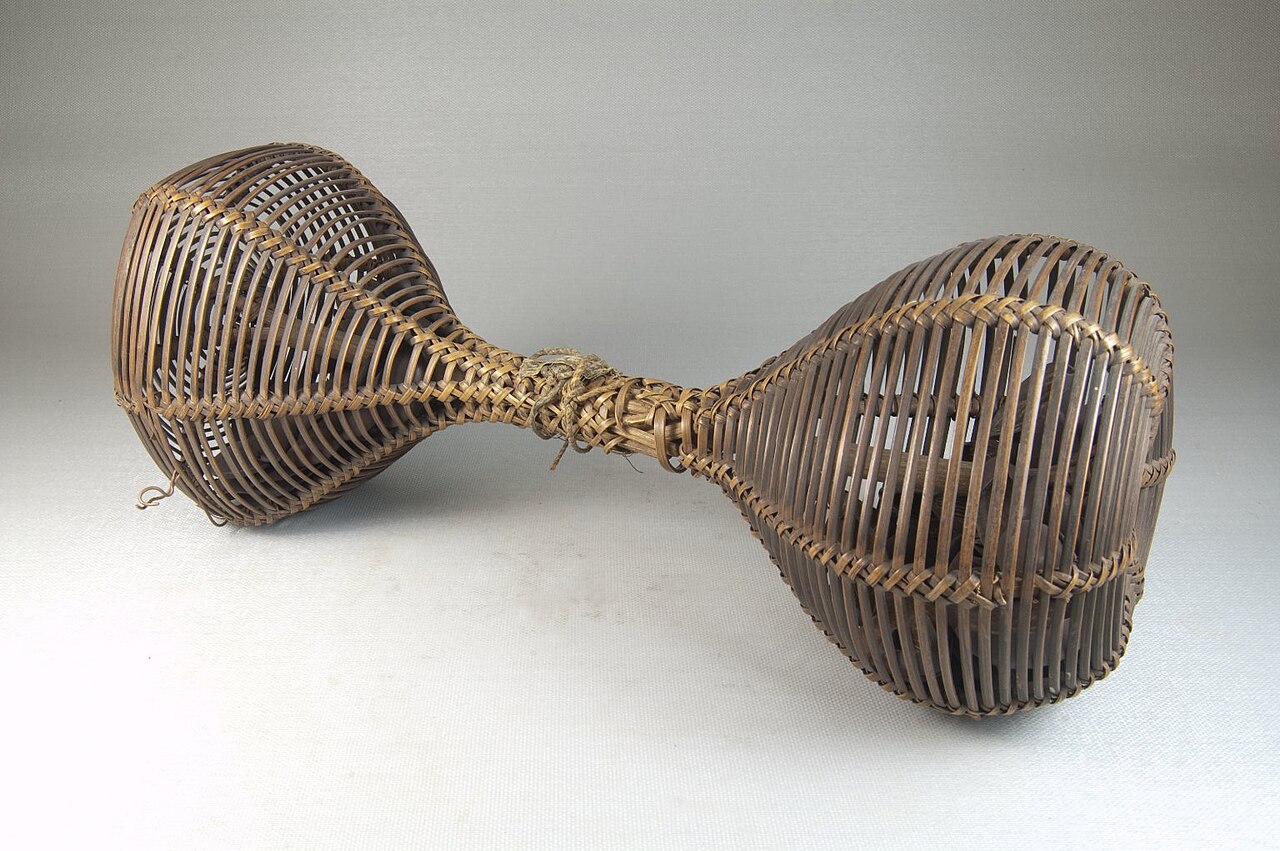 A woven double basket of the Ovimbundu, known for their fine basketry.